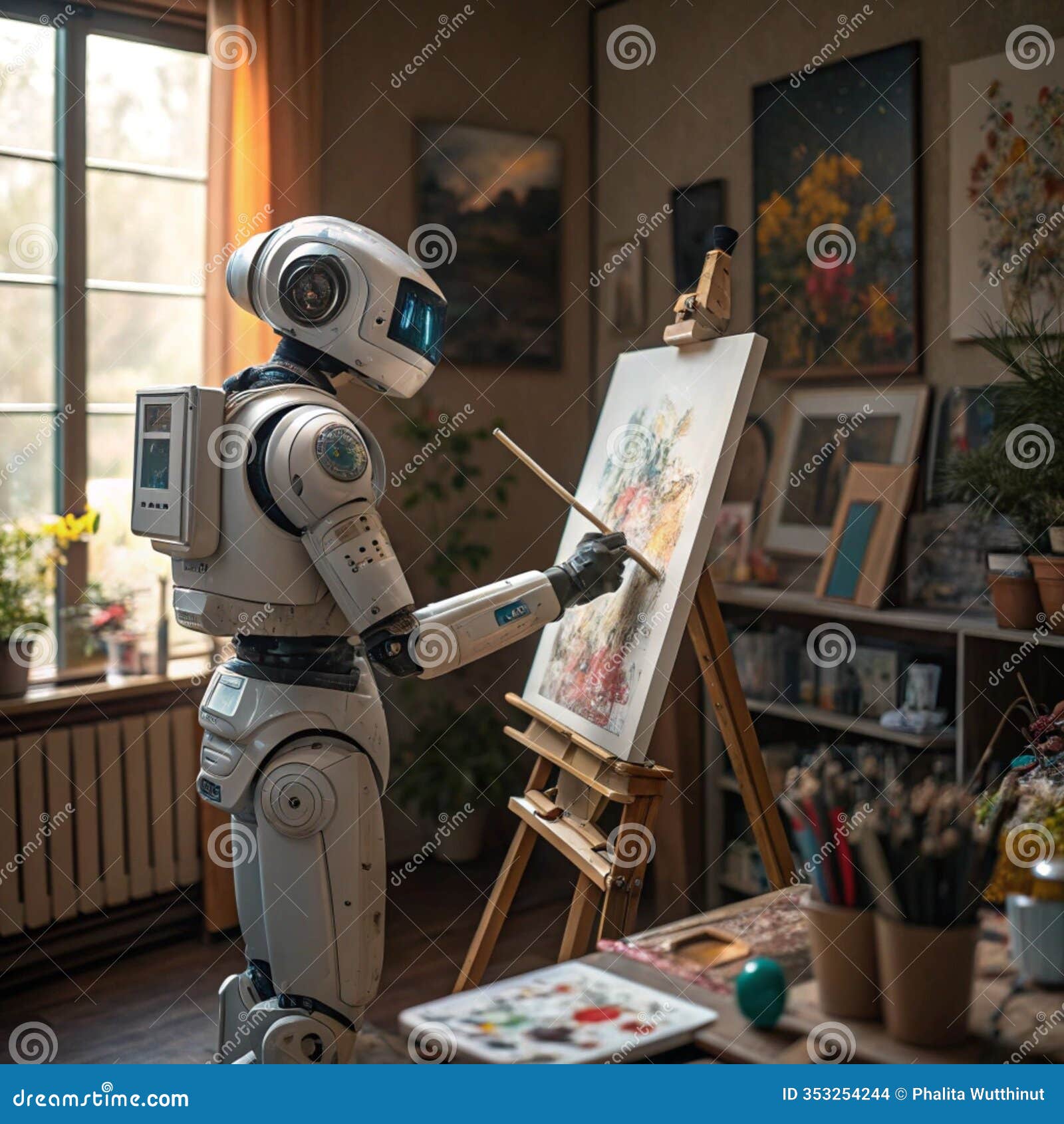 a serene art studio featuring a futuristic ai robot painting a classical masterpiece on canvas. generative ai